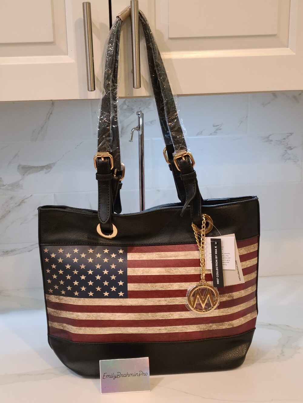 American Flag Tote Bag with Gold Charm - Black / Red / Cream - Picture 4 of 10